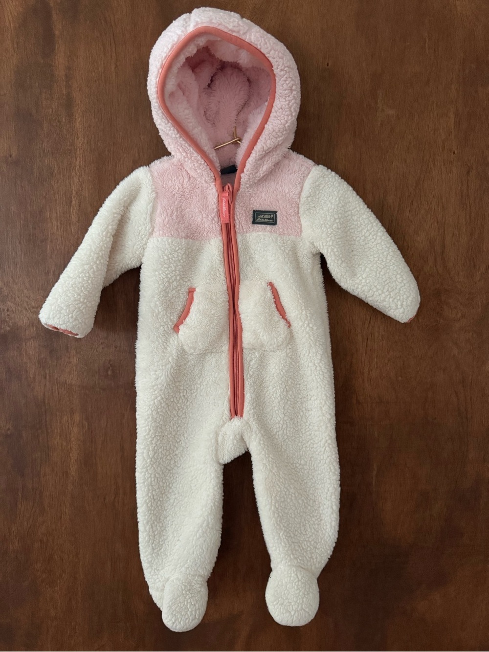 Eddie Bauer Cream and Pink Sherpa Hooded One-Piece Footie